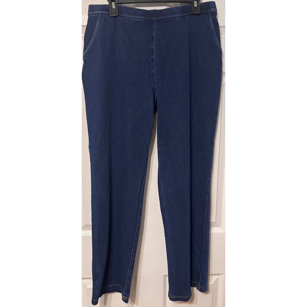 LL Bean Perfect Fit Pants Womens Large Blue Denim Stretch Pull On Straight Leg